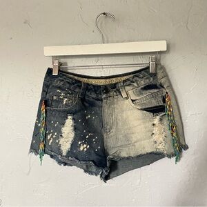 Y2K Two-Tone Boho Jean Shorts with Festival Beads Distressed sz Small
